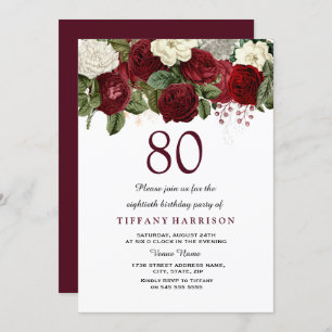 Burgundy Red White Rose 80th Birthday Party Invite