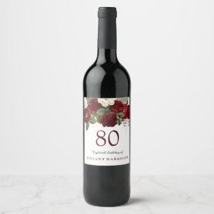 Burgundy Red White Rose 80th Birthday Party Wine Label