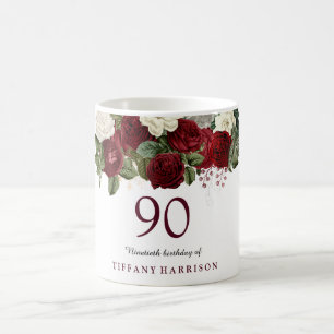Burgundy Red White Rose 90th Birthday Favour Gift Coffee Mug