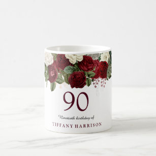 Burgundy Red White Rose 90th Birthday Favour Gift Coffee Mug