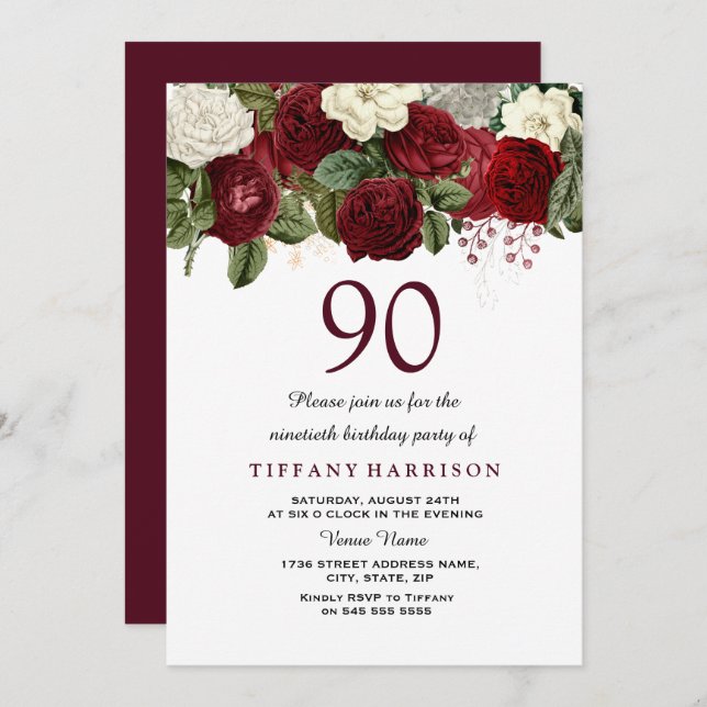 Burgundy Red White Rose 90th Birthday Party Invite (Front/Back)