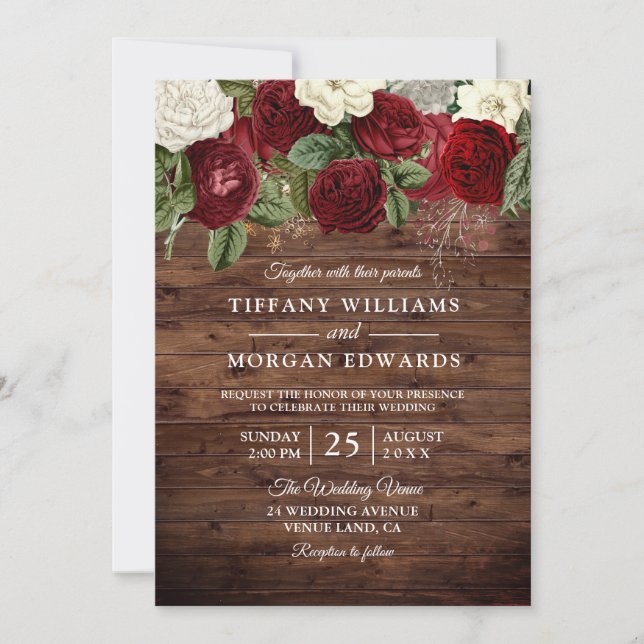 Burgundy Red White Rose Rustic Wedding Invite (Front)