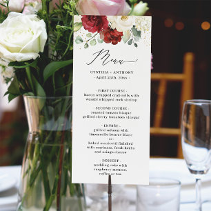 Burgundy Red White Roses Floral Eucalyptus Wedding Menu