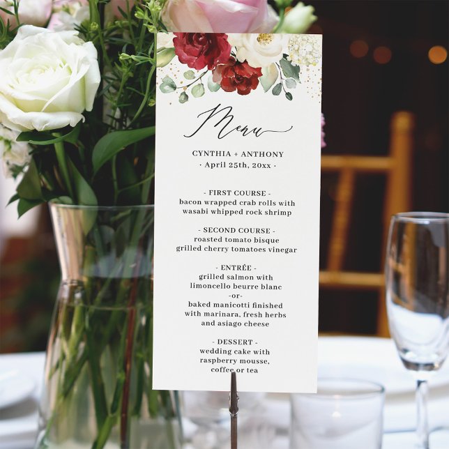 Burgundy Red White Roses Floral Eucalyptus Wedding Menu (Creator Uploaded)