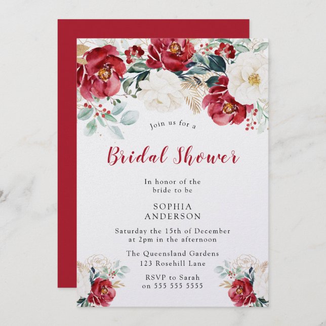 Burgundy Red White Shimmer Bridal Shower Invitation (Front/Back)