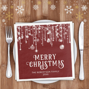 Burgundy Red White String Lights Christmas Party Napkin