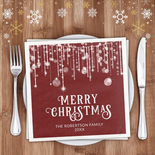 Burgundy Red White String Lights Christmas Party Napkin (Creator Uploaded)