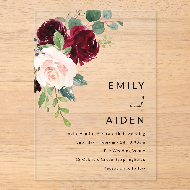 Burgundy Red Wine & Blush Floral Wedding Acrylic Invitations (Front)
