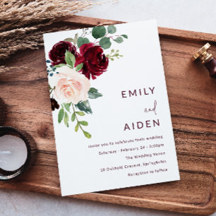 Burgundy Red Wine & Blush Floral Wedding Invitation