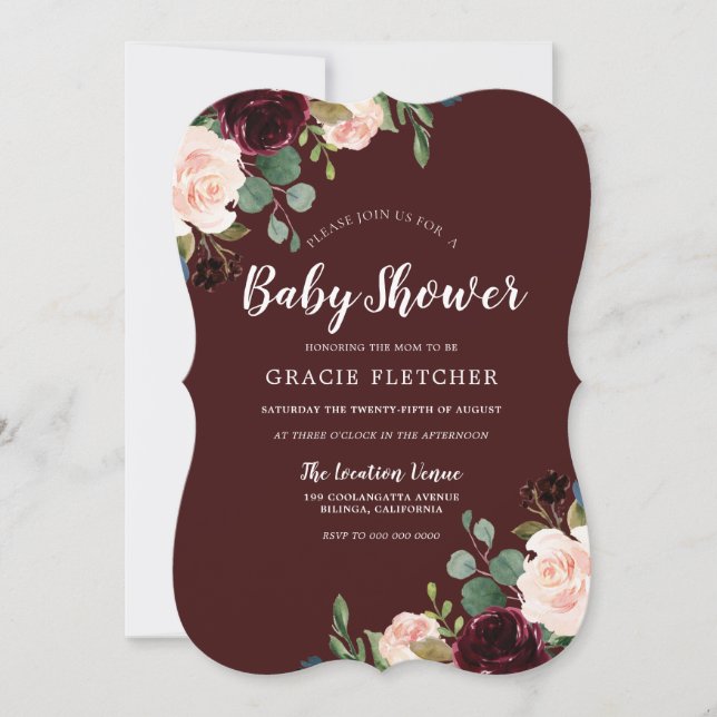 Burgundy Red Wine Blush Flowers Baby Shower Invitation (Front)