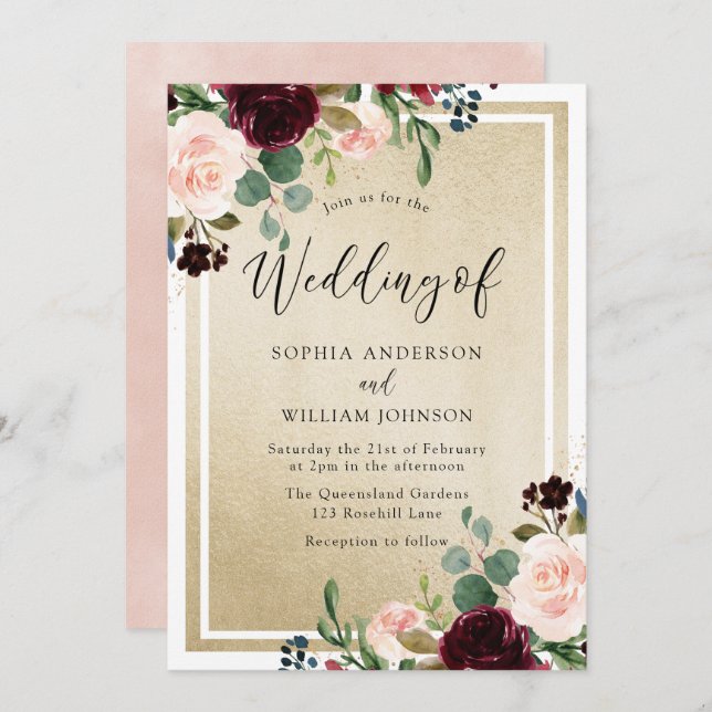 Burgundy Red Wine Blush Flowers & Gold Wedding Invitation (Front/Back)