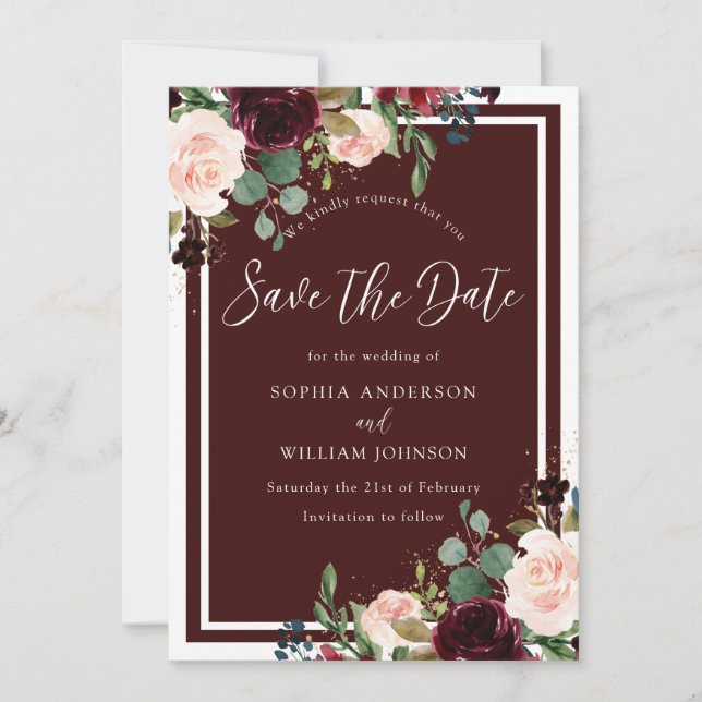 Burgundy Red Wine & Blush Flowers Wedding Save The Date (Front)