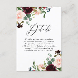 Burgundy Red Wine Blush Wedding Details Reception Enclosure Card
