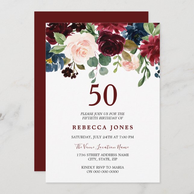 Burgundy Red Wine Floral 50th Birthday Invite (Front/Back)