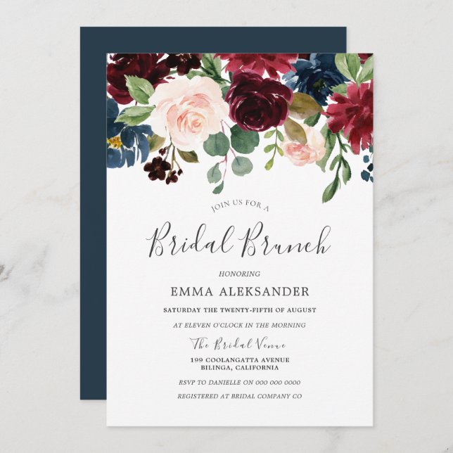 Burgundy Red Wine Floral Bridal Brunch Invite (Front/Back)
