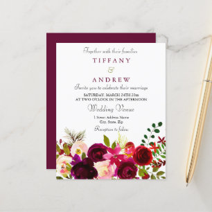 Burgundy Red Wine Floral Budget Wedding Invitation