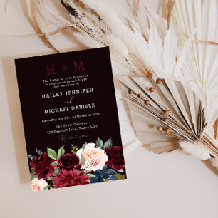 Burgundy Red Wine Floral Monogram Wedding Invitation