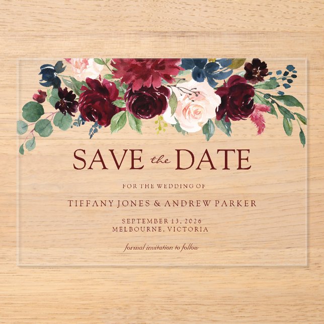 Burgundy Red Wine Floral Save the date Acrylic Invitations (Front)