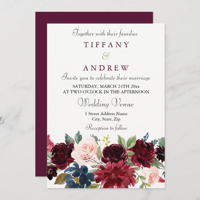 Burgundy Red Wine Flowers Elegant Wedding Invite (Front/Back)