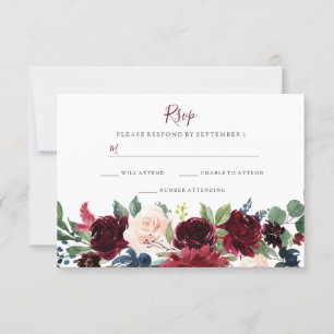 Burgundy Red Wine Flowers Elegant Wedding RSVP Card