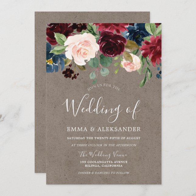 Burgundy Red Wine Flowers Modern Wedding Invite (Front/Back)