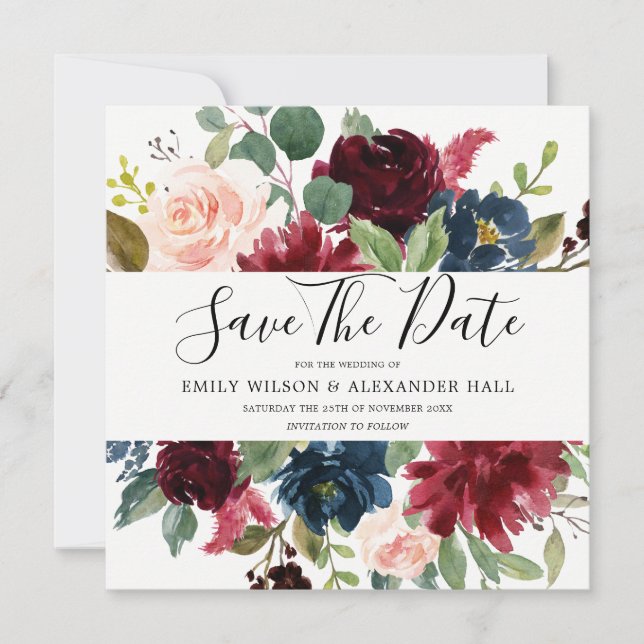 Burgundy Red Wine Flowers Photo Wedding Save The Date (Front)