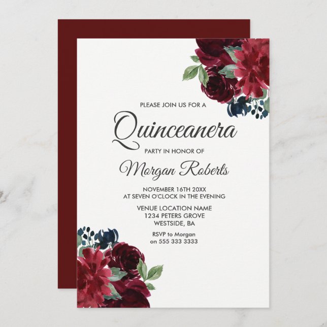 Burgundy Red Wine Flowers Quinceanera Party Invite (Front/Back)