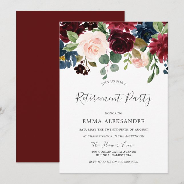 Burgundy Red Wine Flowers Retirement Party Invite (Front/Back)