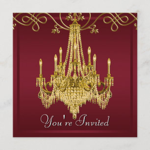 Burgundy Red Wine Gold Chandelier Party Invitation