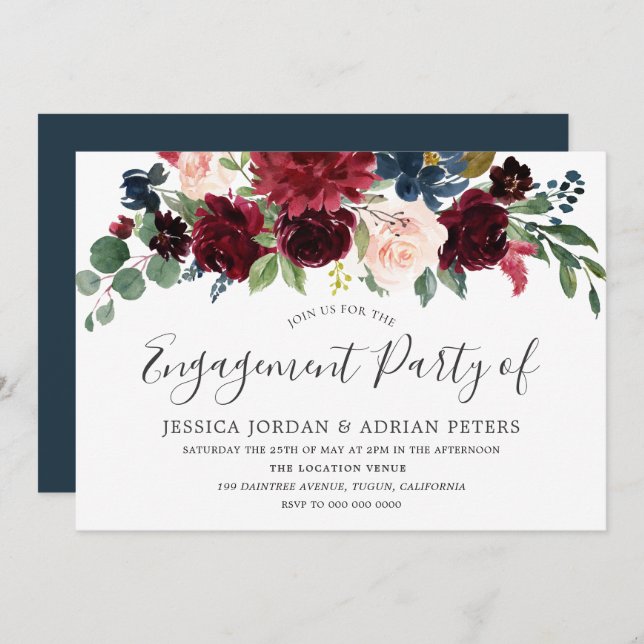Burgundy Red Wine Modern Engagement Party Invite (Front/Back)