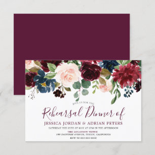 Burgundy Red Wine Navy Flowers Rehearsal Dinner Invitation