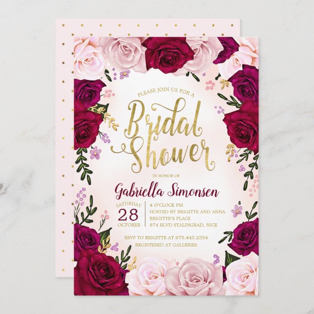 Burgundy Red Wine Pink Roses Bridal Shower Invitation (Front/Back)