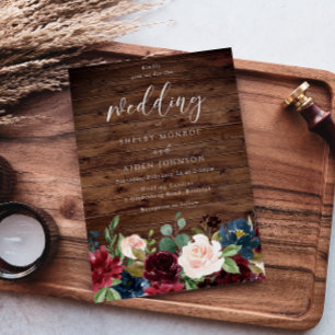 Burgundy Red Wine Rustic Wood Wedding Invitation