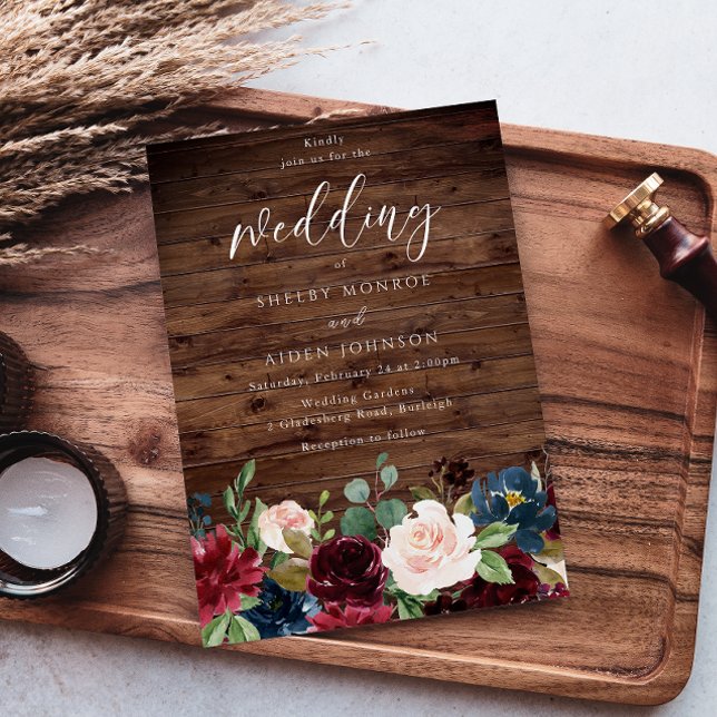 Burgundy Red Wine Rustic Wood Wedding Invitation (Creator Uploaded)