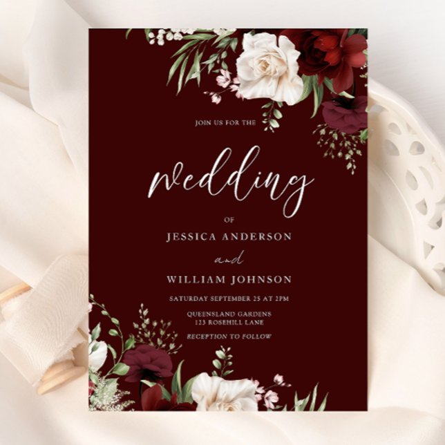 Burgundy Red Wine White Floral Wedding Invitation (Creator Uploaded)