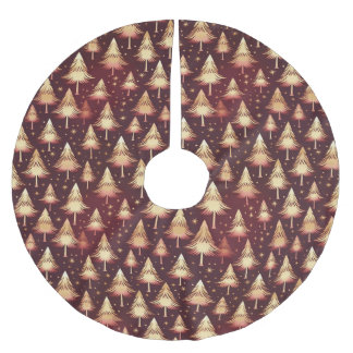 BURGUNDY RED WITH MODERN GOLD CHRISTMAS TREES BRUSHED POLYESTER TREE SKIRT