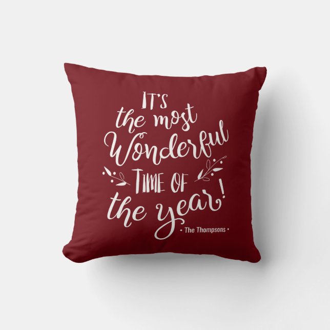 Burgundy Red Wonderful Time of the Year XMAS Cushion (Front)