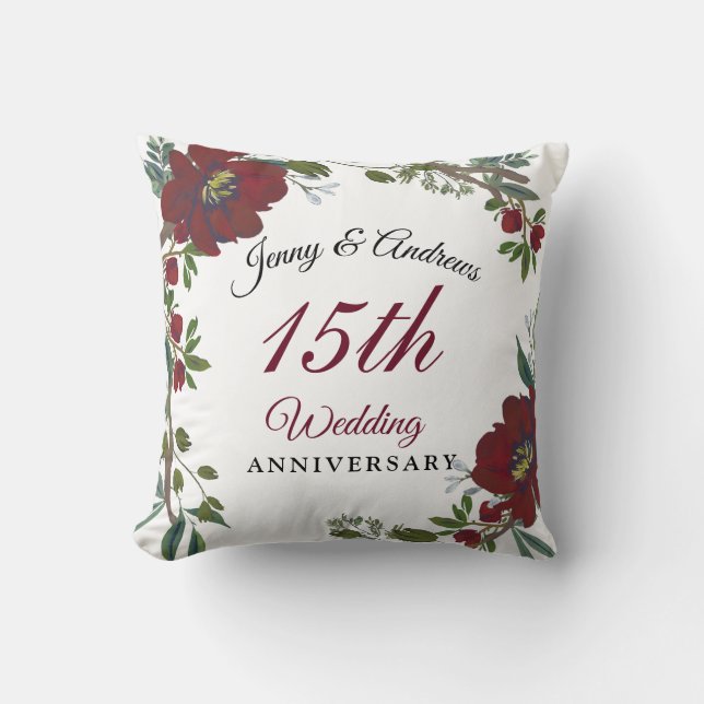 Burgundy Red Wreath 15th Wedding Anniversary Gift Cushion (Front)