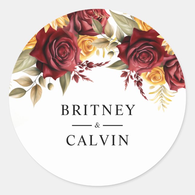 Burgundy Red Yellow Roses Floral Elegant Wedding Classic Round Sticker (Front)