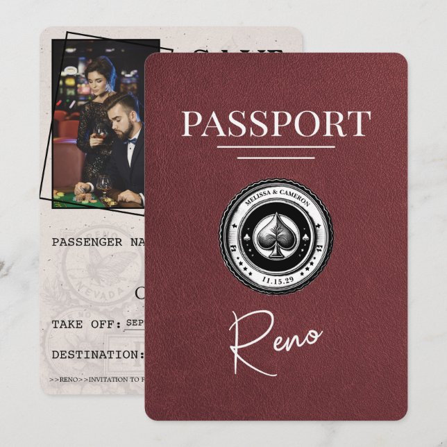 Burgundy Reno Passport Save The Date (Front/Back)