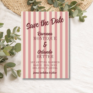 Burgundy Retro Blush Pink Stripes Wedding Save The Date