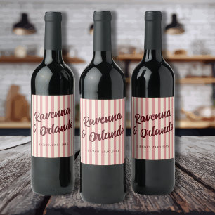 Burgundy Retro Blush Pink Stripes Wedding Wine Label