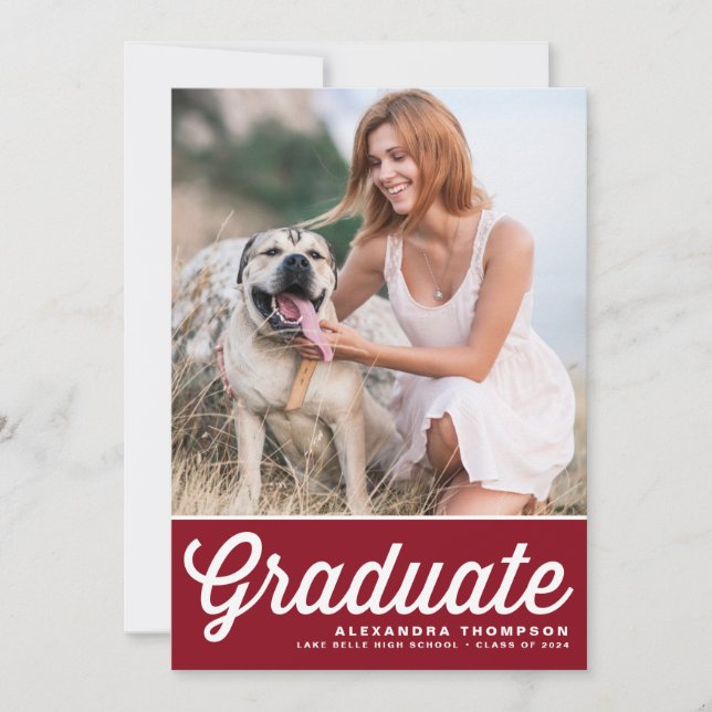 Burgundy Retro Bold Typography Photo Graduation Announcement (Front)
