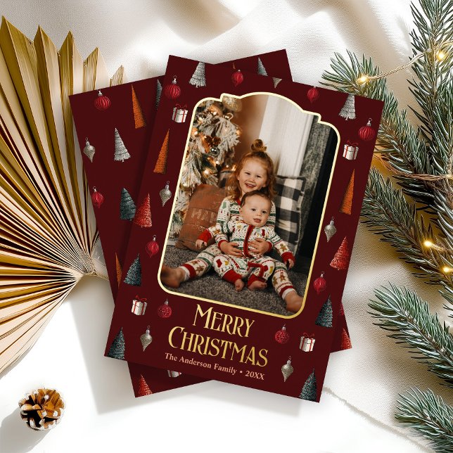 Burgundy Retro Christmas Family Photo Foil Holiday Card (Creator Uploaded)