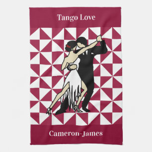 Burgundy Retro Tango Dancers Tea Towel