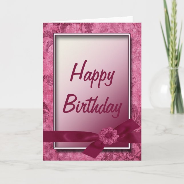 Burgundy Ribbon & Flowers Happy Birthday Card (Front)