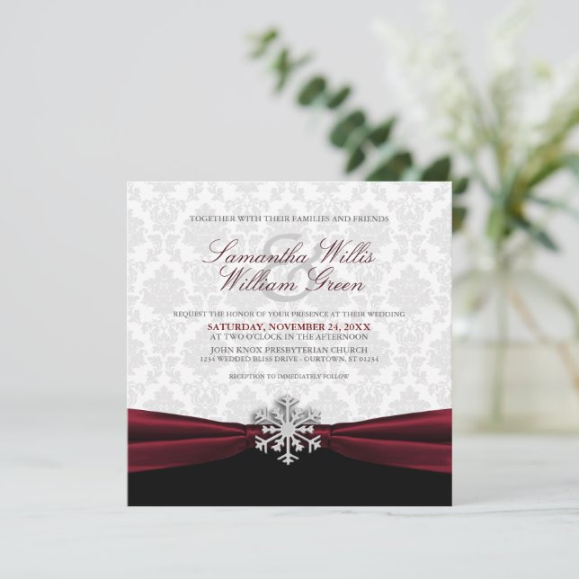 Burgundy Ribbon Winter Wedding Invitation (Standing Front)