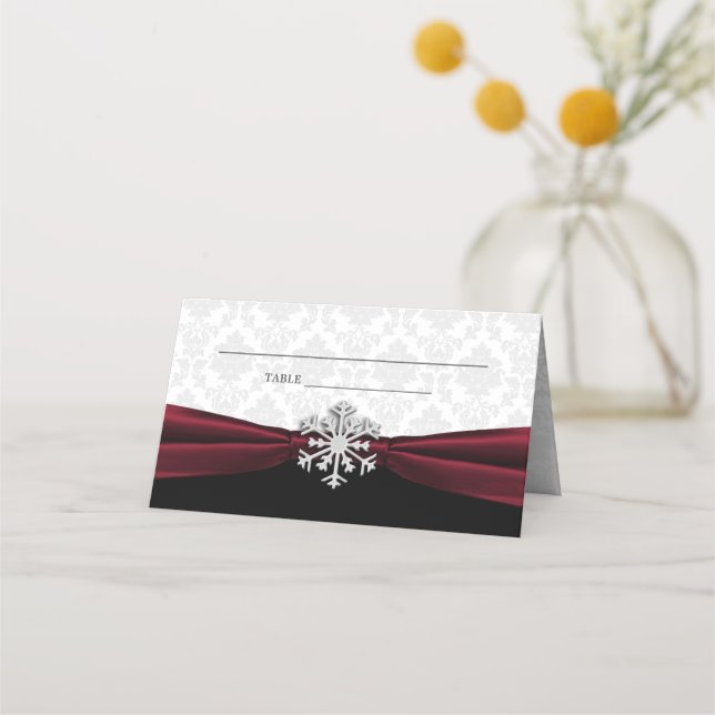 Burgundy Ribbon Winter Wedding Place Card (Front)