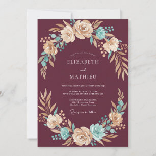Burgundy Rich Teal Botanical Wedding Invitation