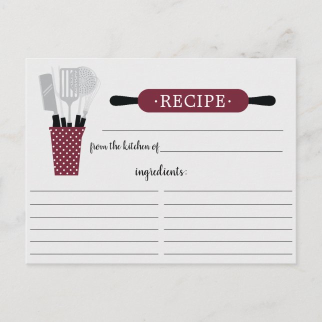 Burgundy Rolling Pin Kitchen Tools Recipe Card (Front)